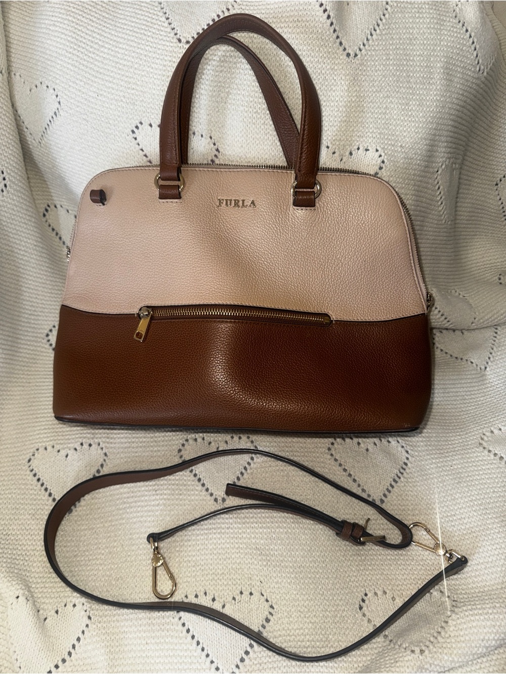 Furla Two-Tone Leather Satchel in Tan and Brown